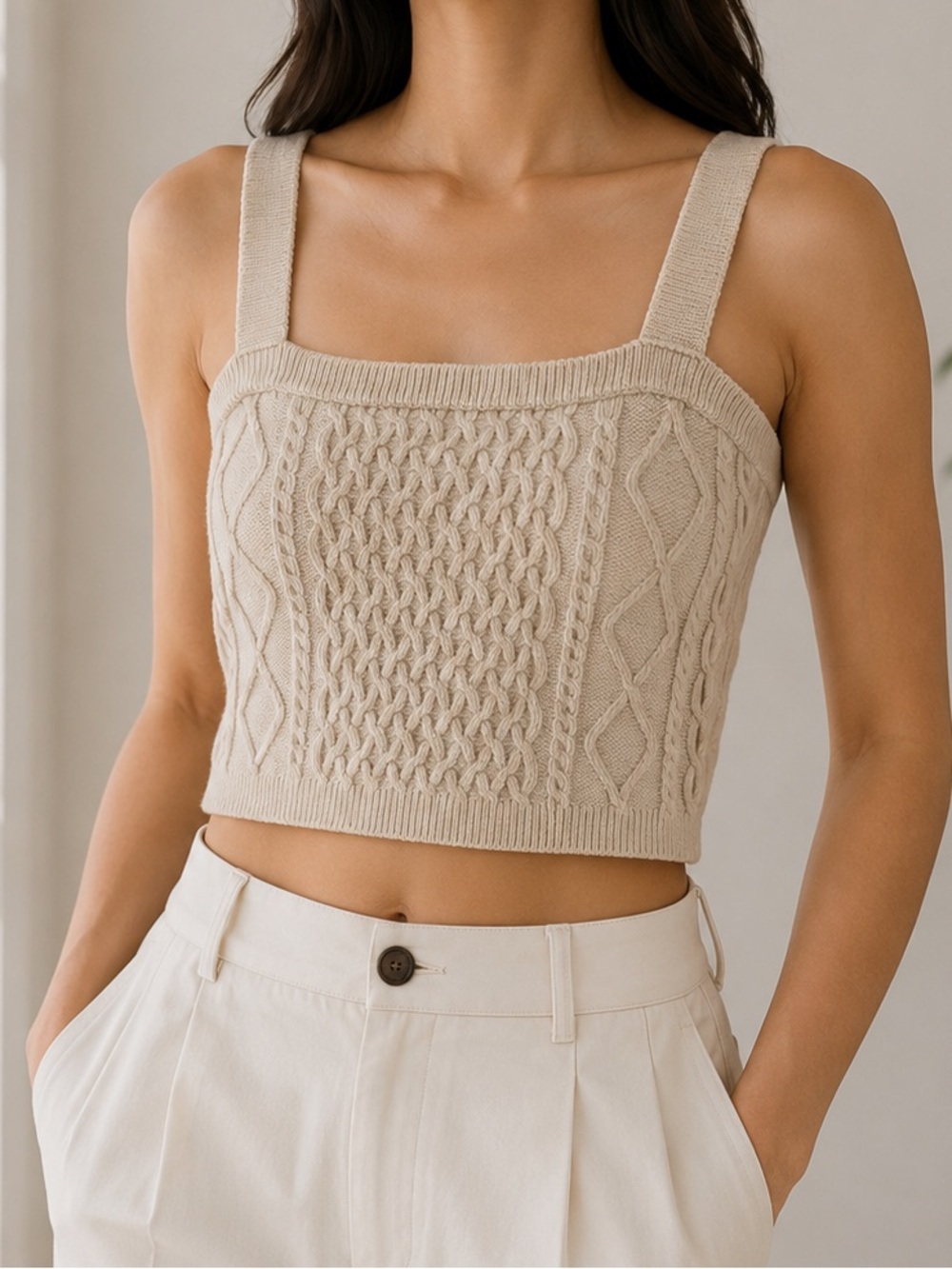 H&M Cable Knit Crop Tank Top Beige Cream | Size S